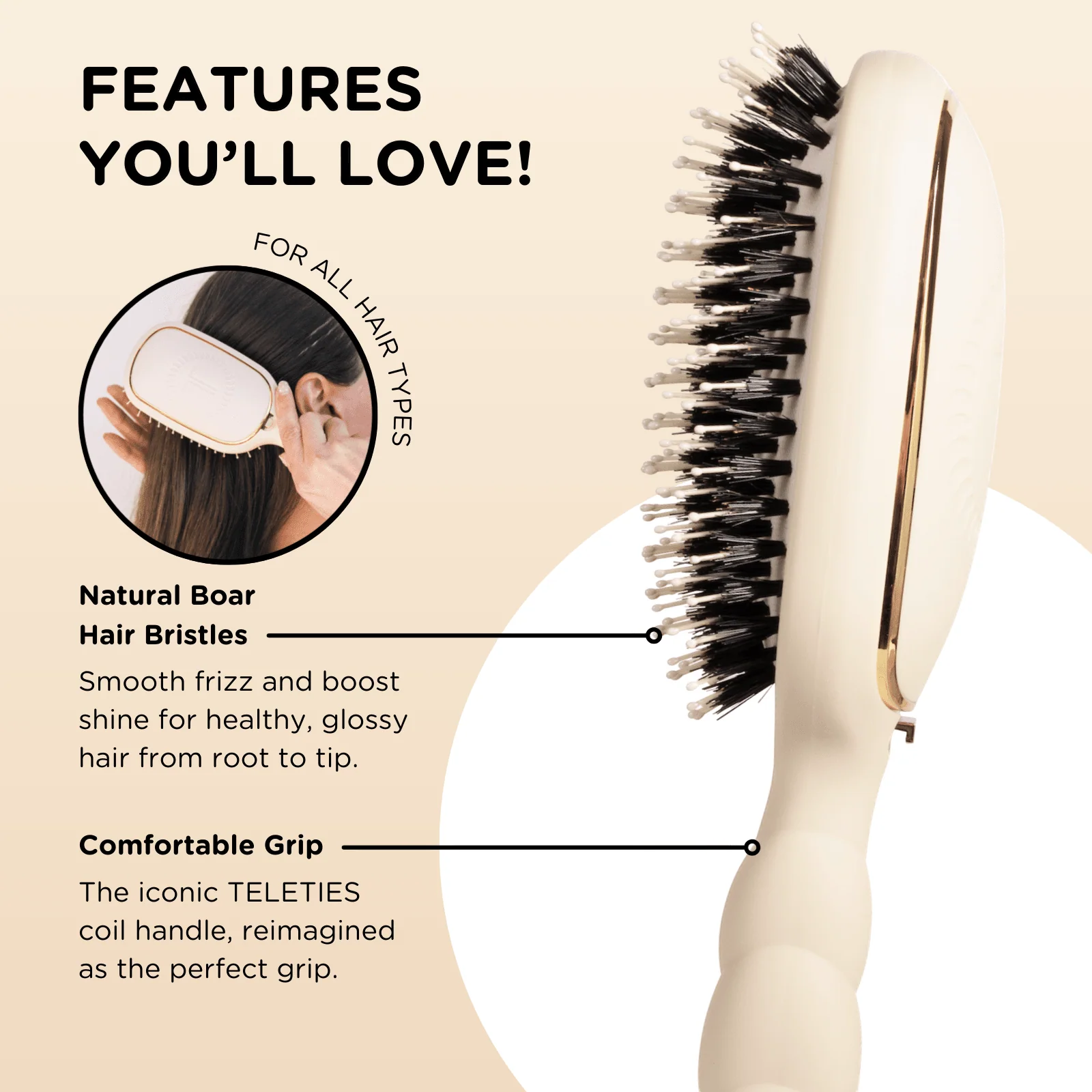 Boar Bristle Hair Brush - Tan - Image 3