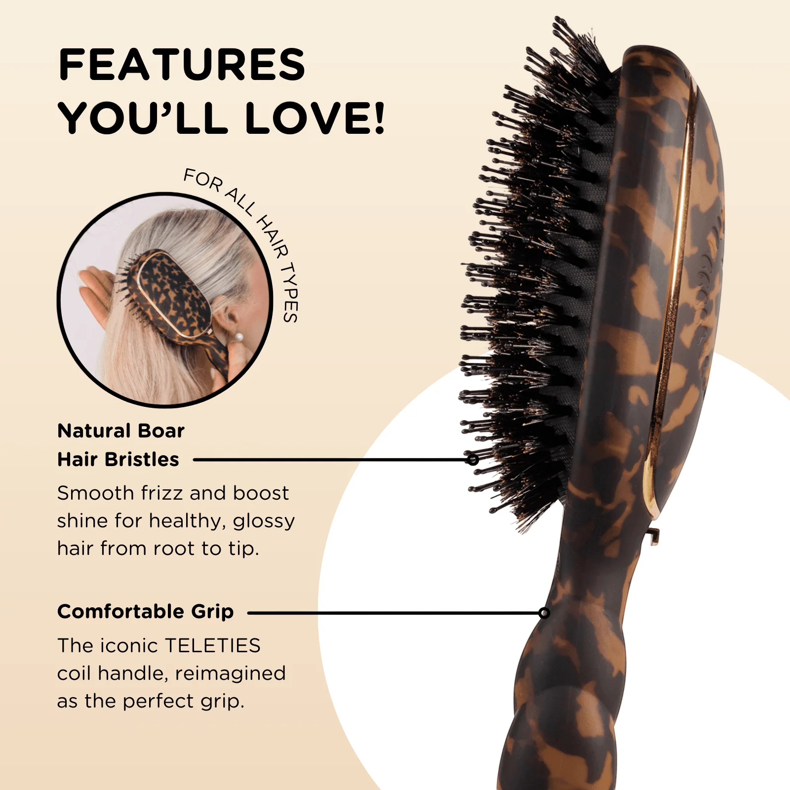 Boar Bristle Hair Brush - Tortoise - Image 8