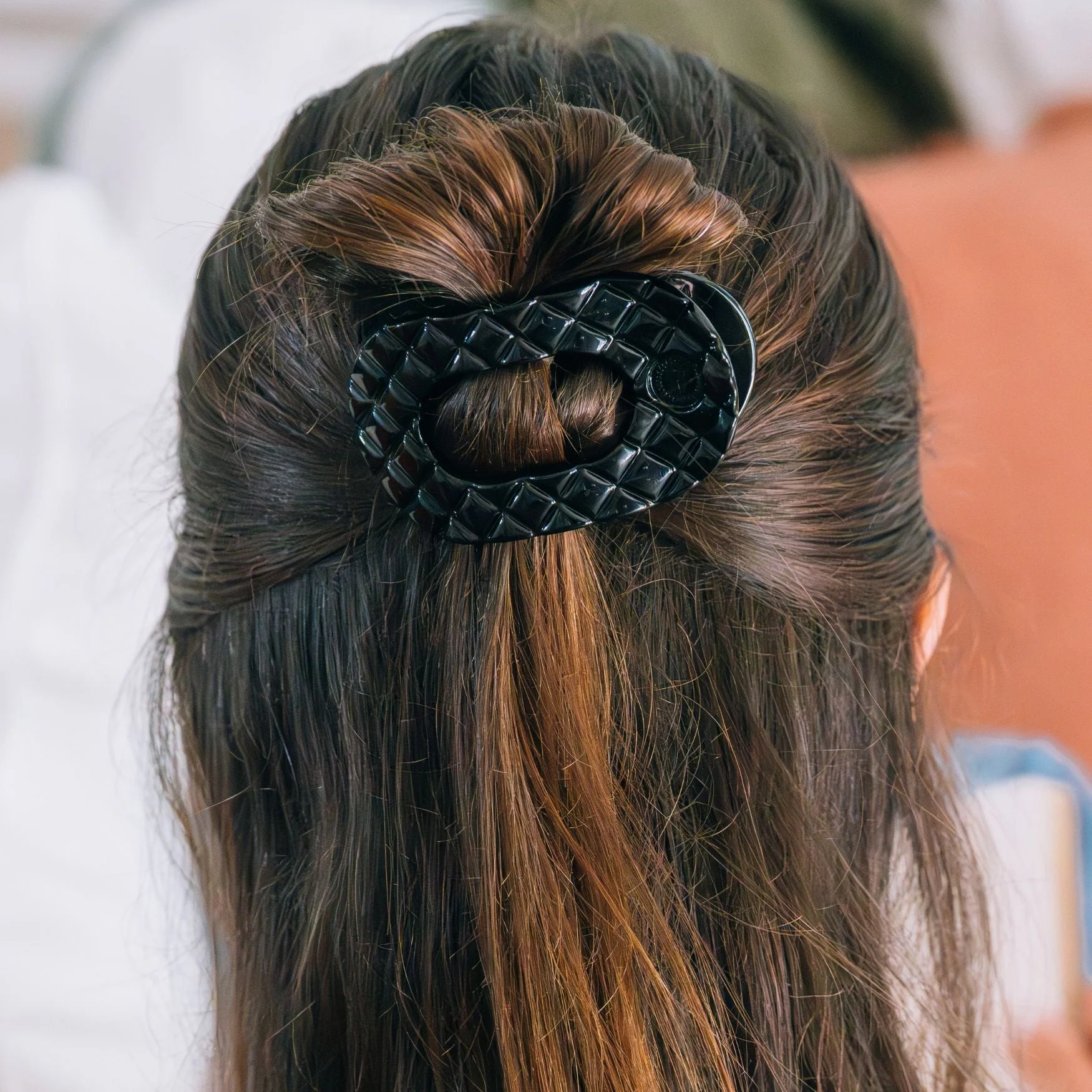 Jet Black Quilted Small Flat Round Hair Clip - Image 4